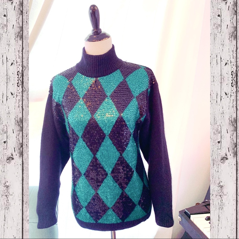 Vintage 90’s sequin argyle diamond sweater rabbit